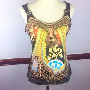 LINDA SEGAL SZ L TANK BROWN and colorful, beadwork